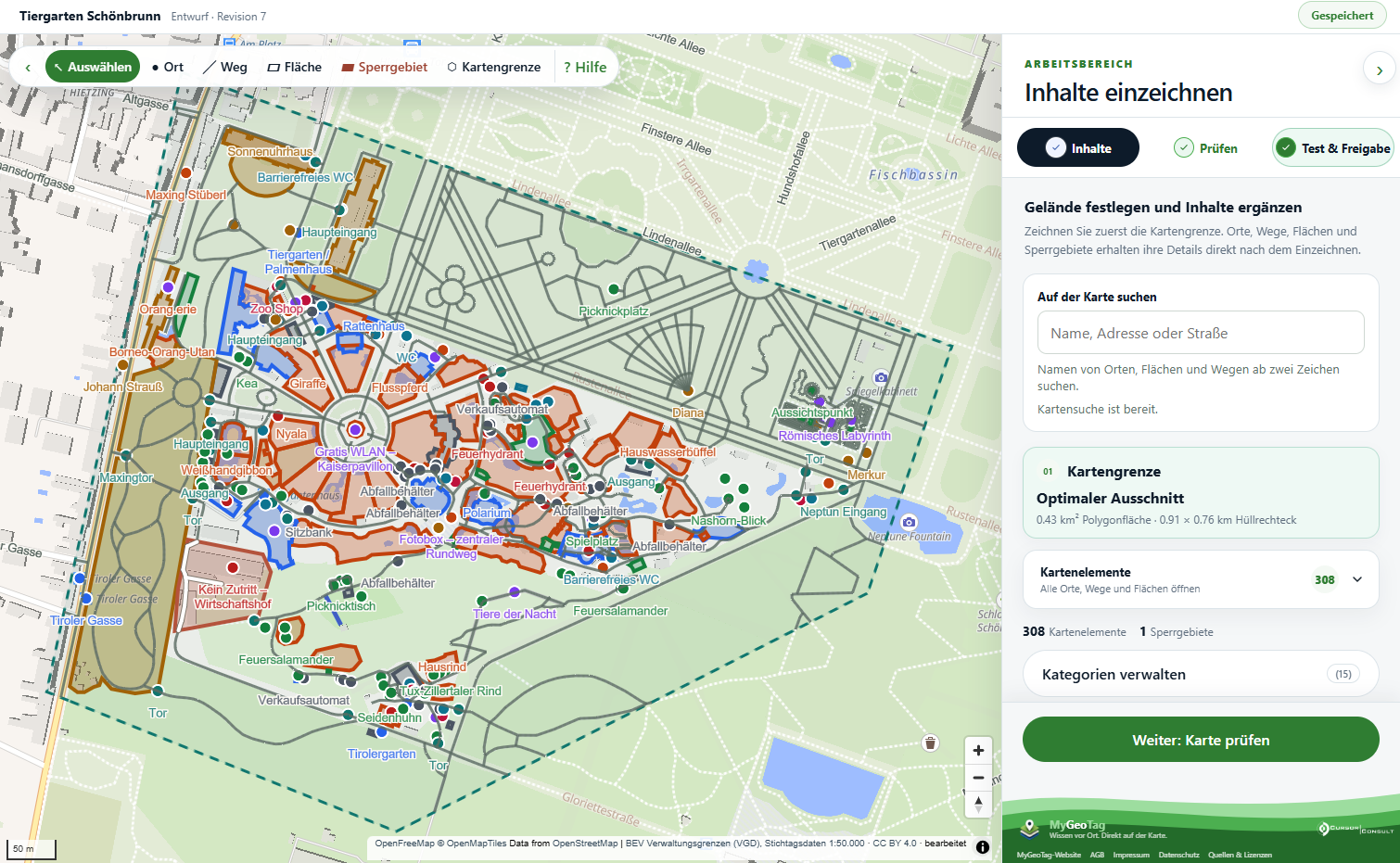 MyGeoTag-Editor mit eingezeichneten Orten und Wegen im Tiergarten Schönbrunn