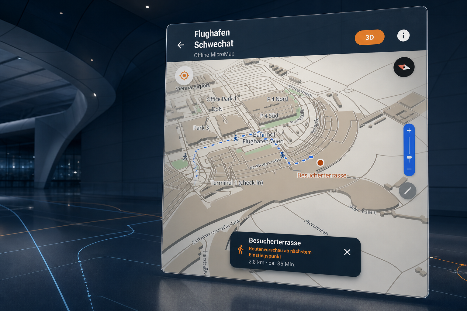 GeoTag-MicroMap für den Flughafen Schwechat mit Offline-Route zur Besucherterrasse
