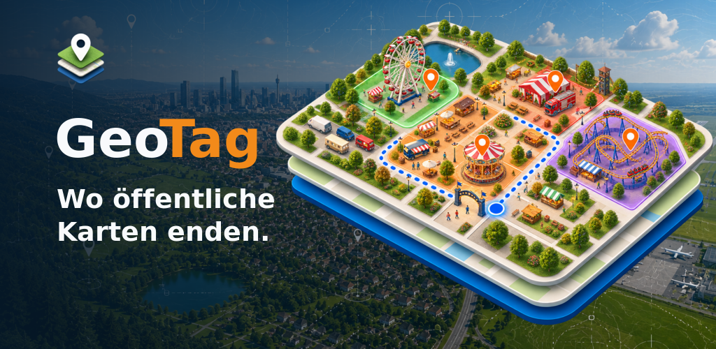 Illustration einer GeoTag-MicroMap für ein Volksfest mit Attraktionen, Gastronomie, Wegen und markierten Zielen