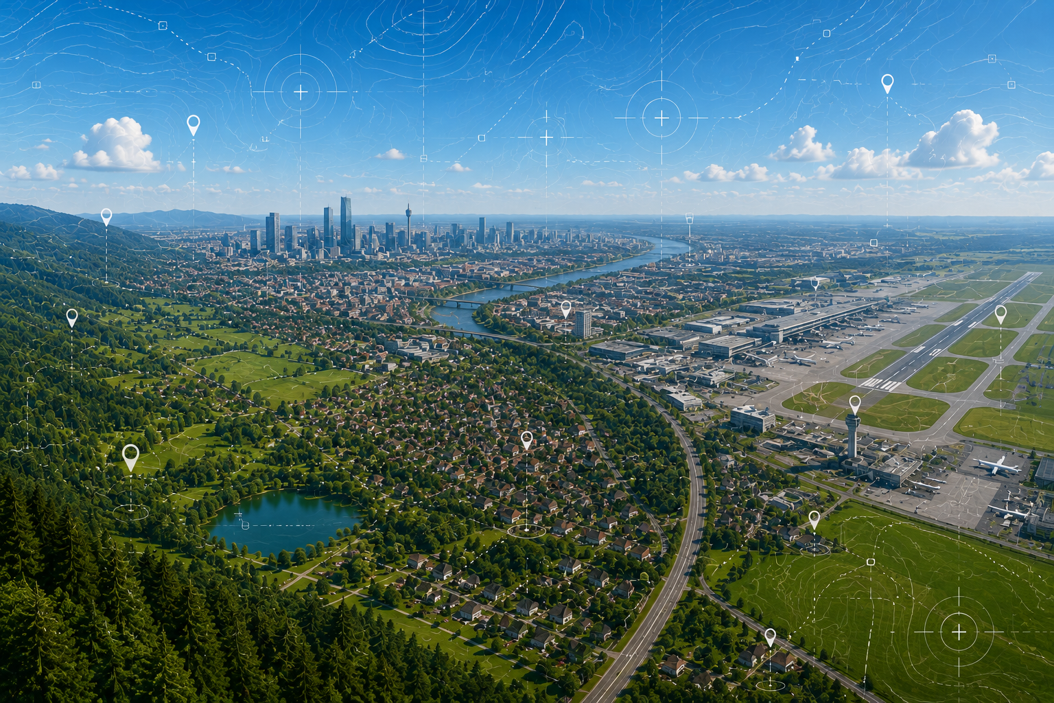 Kartenlandschaft mit digitalen Standortmarkierungen