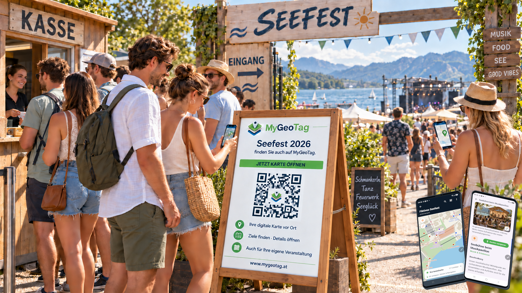 Gäste scannen den QR-Code auf einem MyGeoTag-Plakat am Eingang eines Seefests