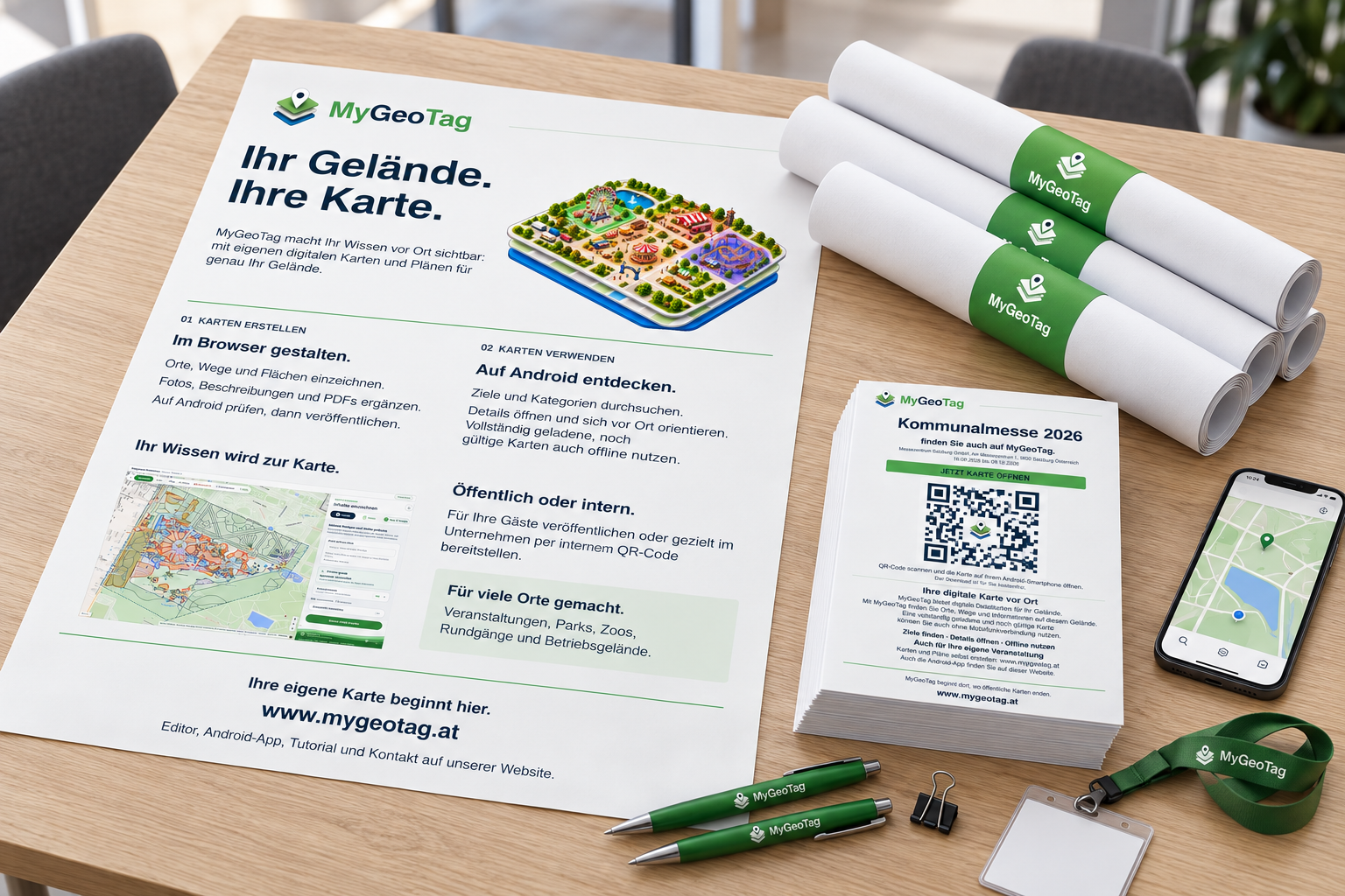 MyGeoTag-Marketingmaterial mit Plakat, Flyern und QR-Code auf einem Tisch